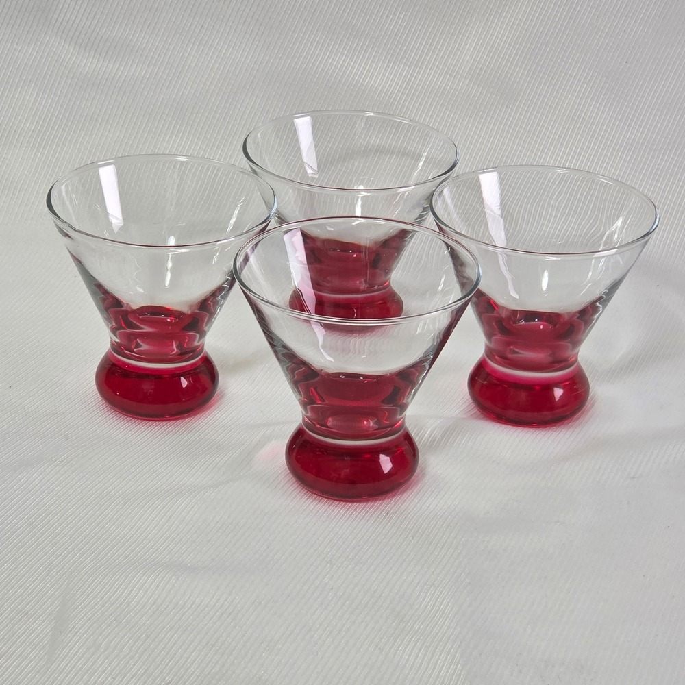 Set of 4 Crate & Barrel Dizzy Ruby Red Stemless Martini Glasses Red Base 4in EUC